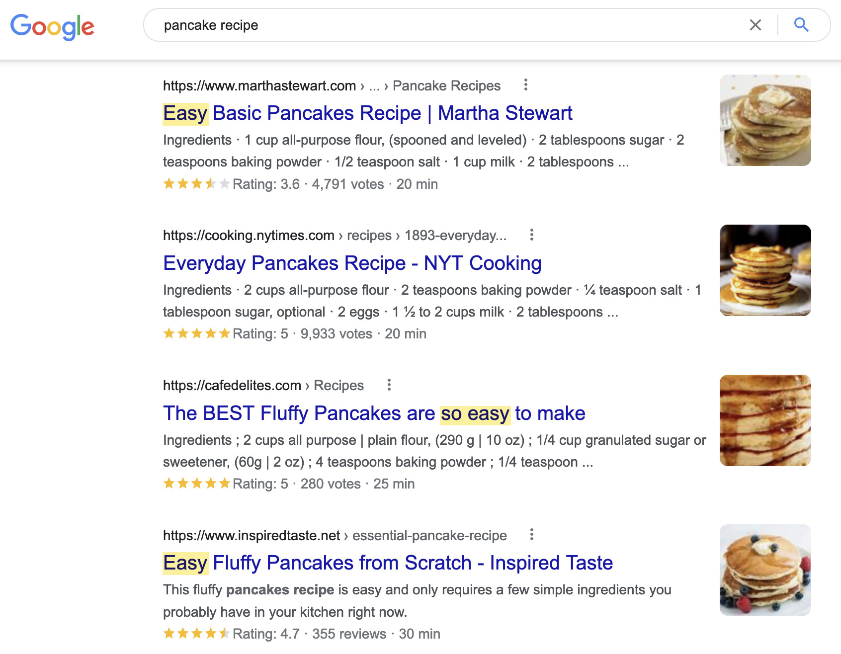 搜索“煎饼食谱”的人显然想要一个简单食谱的博客帖子  