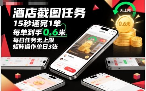 酒店截图任务，15秒速完1单，每单到手0.6米，每日任务无上限，全网首发玩法，矩阵操作单日3张【揭秘】