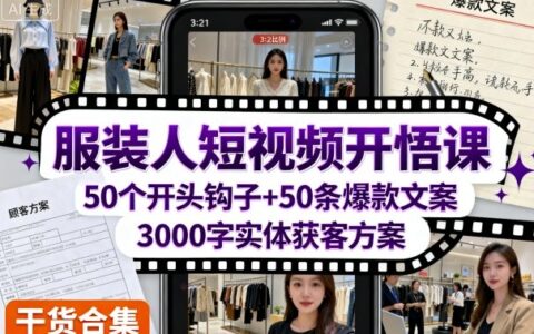 服装人短视频开悟课，50个短视频开头钩子+50条短视频爆款文案+3000字实体获客方案