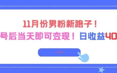 11月份男粉新路子，起号后当天即可变现，日收益4张