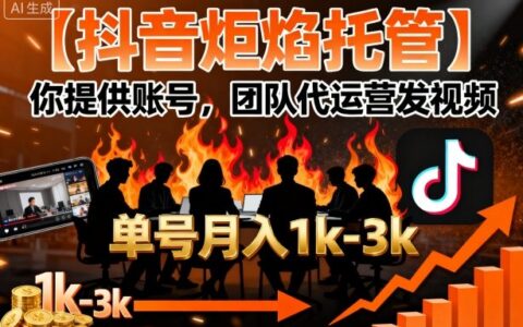 【抖音炬焰托管】你提供账号，团队代运营发视频，单号月入1k+【揭秘】