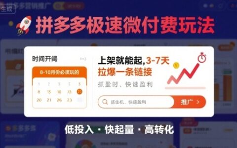 8月26号拼多多极速微付费玩法，8-10月份必须玩的，上架就能起，3-7天拉爆一条链接