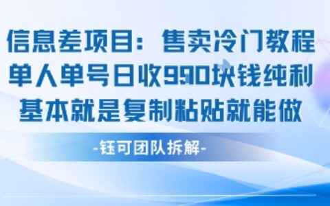 信息差项目：售卖冷门教程单人单号日收9张纯利基本就是复制粘贴就能做