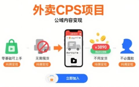 外卖CPS项目，公域内容变现，零基础可上手，无需囤货、不用发货、不必露脸、纯佣变现