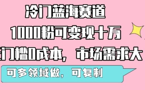 冷门蓝海赛道，1000粉可变现十W，无门槛0成本，市场需求大，可多领域做，可复制性强