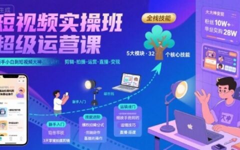 短视频实操班超级运营课，新手小白到短视频大神必修课程，剪辑-拍摄-运营-直播-变现