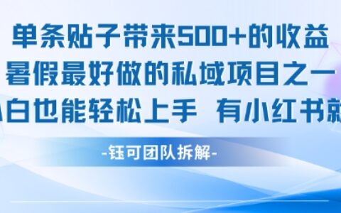 单条贴子带来5张的收益，暑假最好做的私域项目之一，小白也能轻松上手，有小红书就行