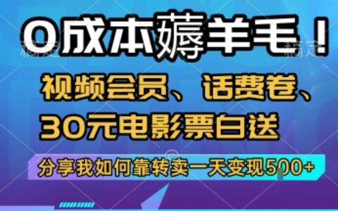 0成本薅羊毛!视频会员、话费卷、30元电影票白送，分享我如何靠转卖一天变现5张+【揭秘】