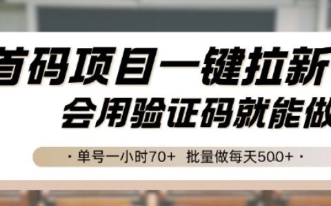 首码项目一键拉新，会用验证码就能做 单号一小时70+，批量做每天5张【揭秘】