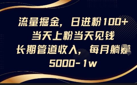 流量掘金，日进粉100+，当天上粉当天见钱，长期管道收入，每月躺挣5k