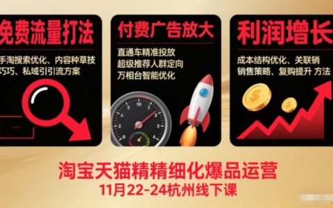 淘宝天猫精细化爆品运营11月22-24杭州线下课，免费流量打法+付费广告放大+利润增长（音频+文档）