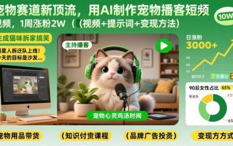 宠物赛道新顶流，用AI制作宠物播客短视频，1周涨粉2W（视频+提示词+变现方法）