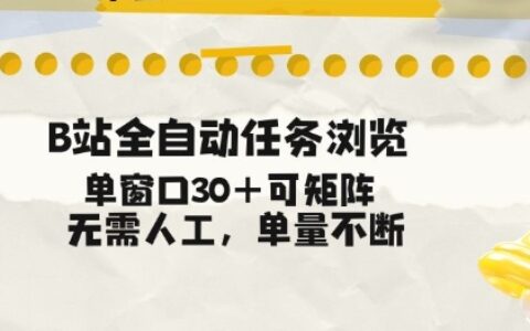 B站全自动任务浏览，单窗口30+可矩阵操作，无需人工单量不断【揭秘】