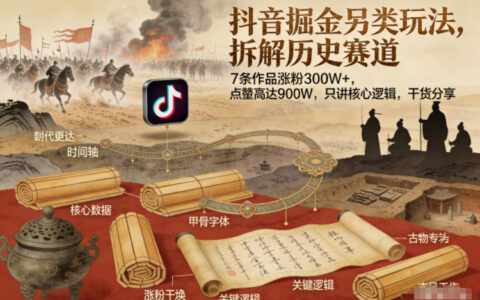 抖音掘金另类玩法，拆解历史赛道，7条作品涨粉300W+，点赞量高达900W，只讲核心逻辑，干货分享