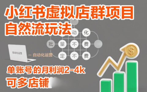 小红书虚拟店群项目，自然流玩法，批量自动化，稳定不费号，单账号的月利润2-4k，可多店矩阵