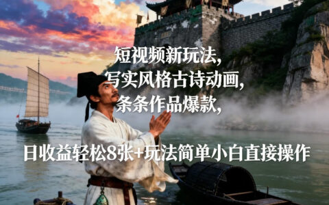 短视频新玩法，写实风格古诗动画，条条作品爆款，日收益轻松8张+玩法简单小白直接操作