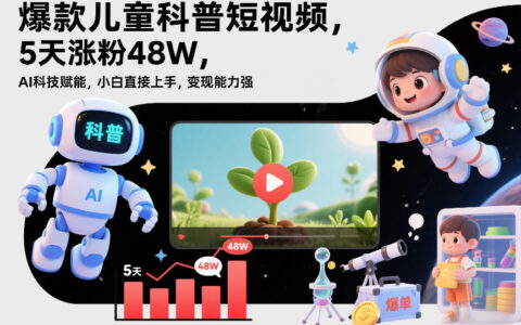 爆款儿童科普短视频，5天涨粉48W，AI科技赋能，小白直接上手，变现能力强，橱窗带货爆单不停
