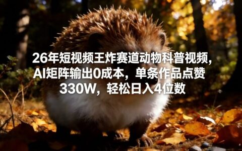 26年短视频王炸赛道动物科普视频，AI矩阵输出0成本，单条作品点赞330W，轻松日入4位数