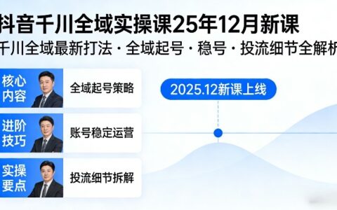 抖音千川全域全域实操课25年12月新课，千川全域最新打法，全域起号，稳号，投流细节全部都有