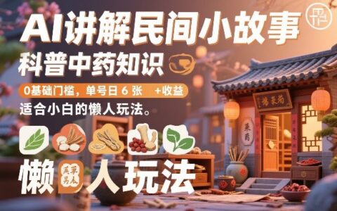 AI讲解民间小故事，科普中药知识，0基础门槛，单号日6张+收益，适合小白的懒人玩法