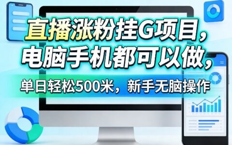 直播涨粉挂G项目，电脑手机都可以做，单日轻松500米，新手无脑操作【揭秘】