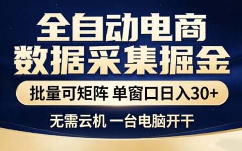 全自动电商数据集掘金，批量可矩阵，单窗口日入30+，无需云机，一台电脑开干【揭秘】