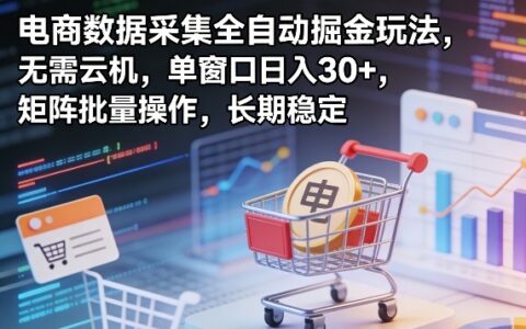 独家电商数据采集全自动掘金玩法，无需云机，单窗口日入30+，矩阵批量操作，长期稳定【揭秘】