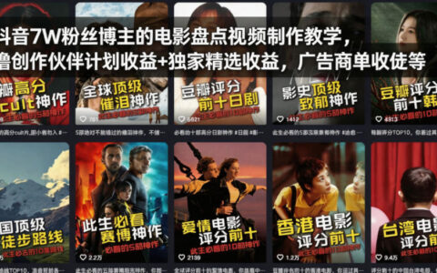 抖音7W粉丝博主的电影盘点视频制作教学，撸创作伙伴计划收益+独家精选收益，广告商单收徒等