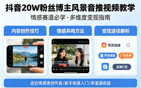 抖音20W粉丝博主风景音推视频教学，情感赛道必学，各种变现途径