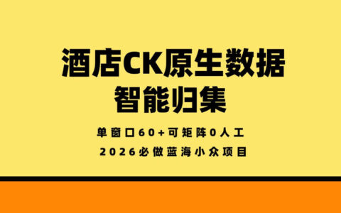 酒店CK原生数据智能归集，单窗口60+可矩阵0人工，2026必做蓝海小众项目【揭秘】