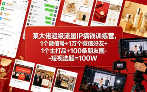 某大佬超级流量IP搞钱训练营，1个微信号+1万个微信好友+1个主打品+100条朋友圈-短视选题=100W