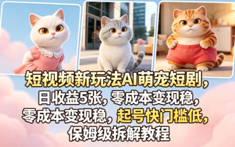 短视频新玩法AI萌宠短剧，日收益5张，零成本变现稳，起号快门槛低，保姆级拆解教程