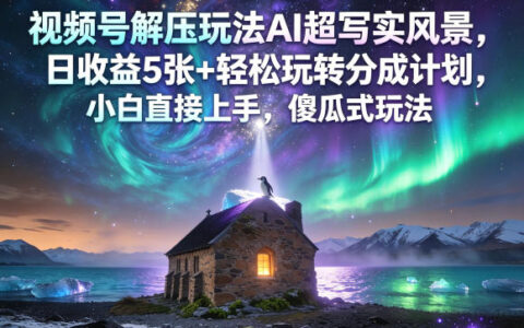 视频号解压玩法AI超写实风景，日收益5张+轻松玩转分成计划，小白直接上手，傻瓜式玩法