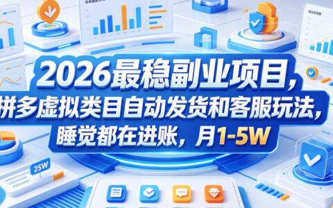 2026最稳副业项目，拼多多虚拟类目自动发货和客服玩法，睡觉都在进账，月1-5W【揭秘】