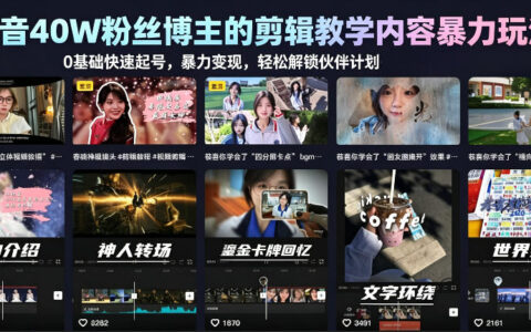 抖音40W粉丝博主的剪辑教学内容暴力玩法，0基础快速起号，暴力变现，轻松解锁伙伴计划+精选独家