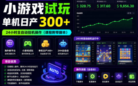海外新平台，小游戏试玩，单机日产300+，24小时全自动挂G操作（课程附带脚本）【揭秘】