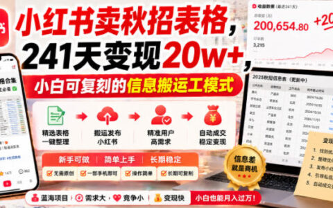 241天在小红书卖秋招表格赚20万+，普通小白如何复刻这个信息搬运工模式？