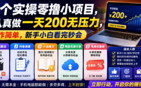0成本5个实操小项目，认真做一天轻松赚200元，操作超简单新手秒会【揭秘】