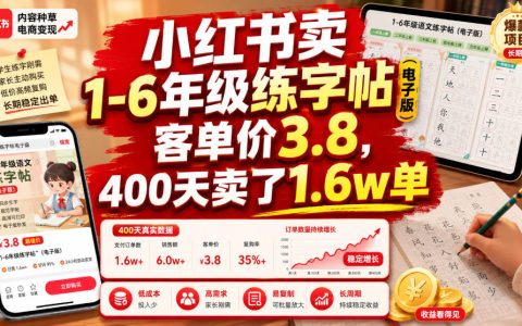 如何在小红书用3.8元客单价，400天卖出1.6万单1-6年级电子练字帖？