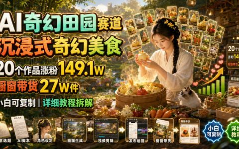 如何入局AI奇幻田园赛道做沉浸式奇幻美食？20个作品涨粉149.1万、橱窗带货27万件，新手可复制的详细拆解