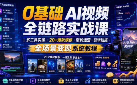 从0到1搞定AI视频全链路：多工具实操，20+爆款模板，剪辑拍摄、涨粉运营与全场景变现系统指南