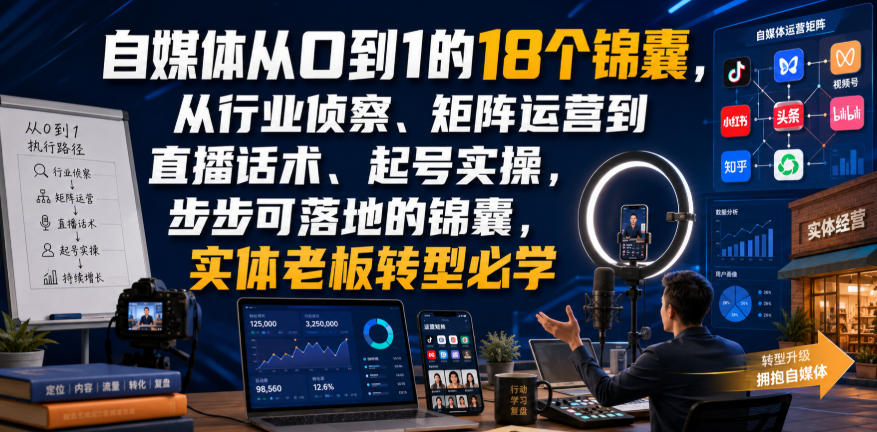 自媒体从0到1的18个锦囊，从行业侦察、矩阵运营到直播话术、起号实操，步步可落地的锦囊，实体老板转型必学