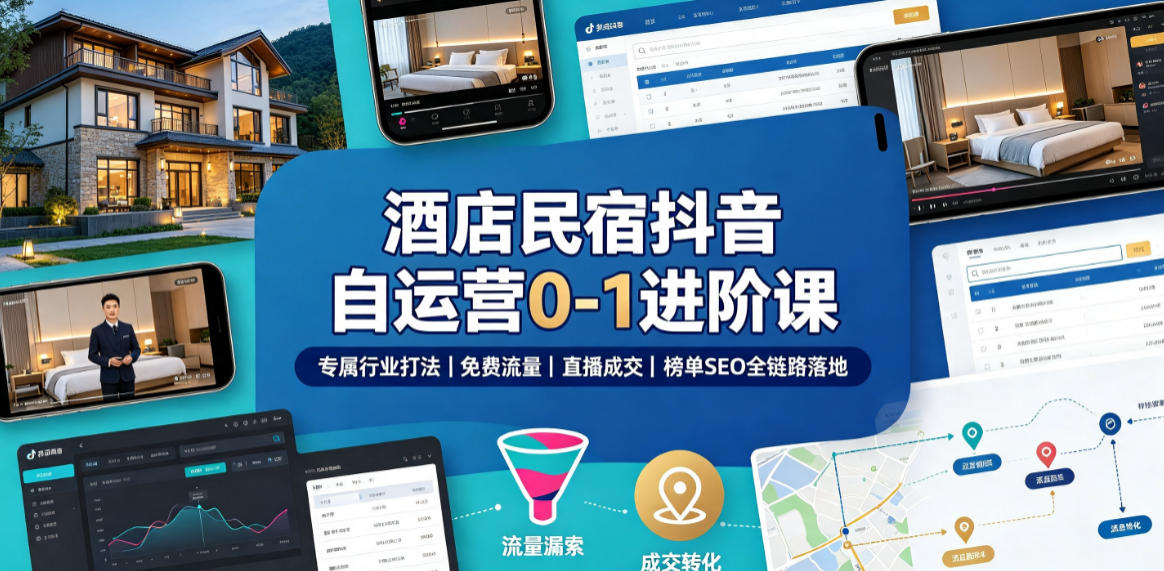 酒店民宿抖音自运营0-1进阶课|专属行业打法、免费流量+直播成交+榜单SEO全链路落地