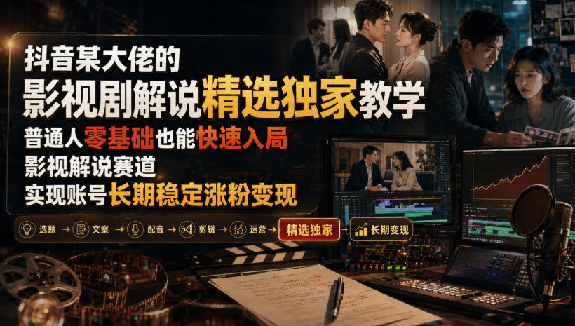抖音某大佬的影视剧解说精选独家教学，普通人零基础也能快速入局影视解说赛道，实现账号长期稳定变现
