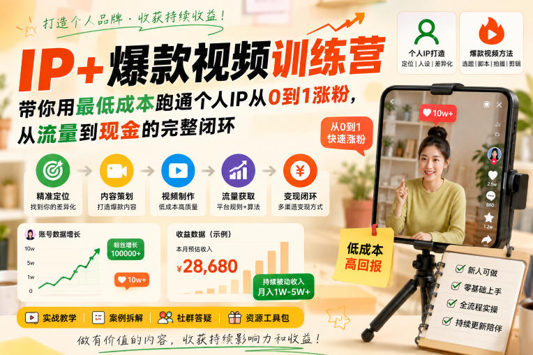 IP+爆款视频训练营,带你用最低成本跑通个人IP从0到1涨粉,从流量到现金的完整闭环(更新)
