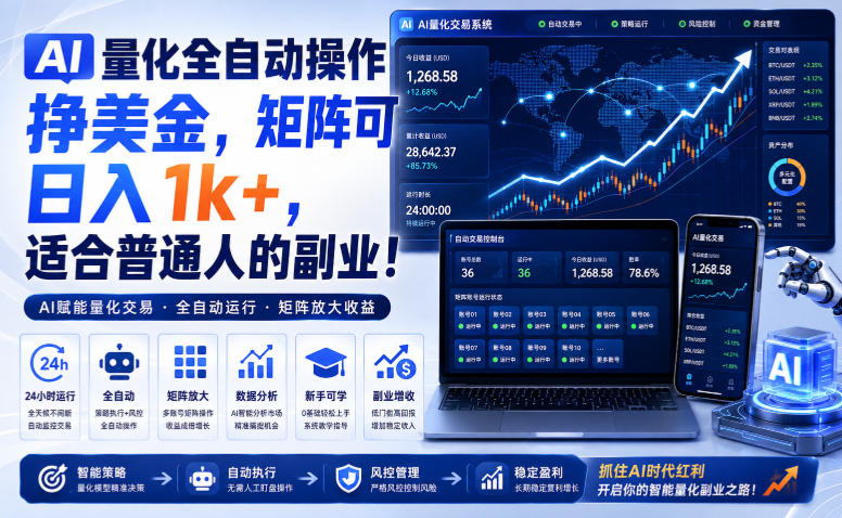 AI量化全自动操作挣美金,矩阵可日入1k+,适合普通人的副业!【揭秘】