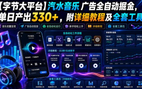 在字节系大平台上，如何用汽水音乐广告全自动掘金？实操日入330+，附全套工具与详细教程