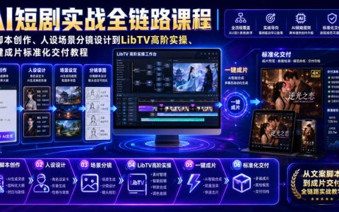 AI短剧全链路实战课：从脚本、人设场景分镜到LibTV高阶，一键成片与标准化交付