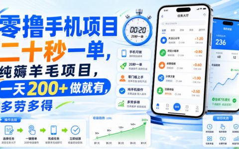 手机零撸靠谱吗？20秒一单的薅羊毛项目，号称日入200+，多劳多得的真相揭秘