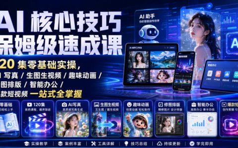 AI核心技巧保姆级速成：120集零基础实操，一站式掌握写真/生图生视频/趣味动画/修图排版/智能办公/爆款短视频（持续更新）